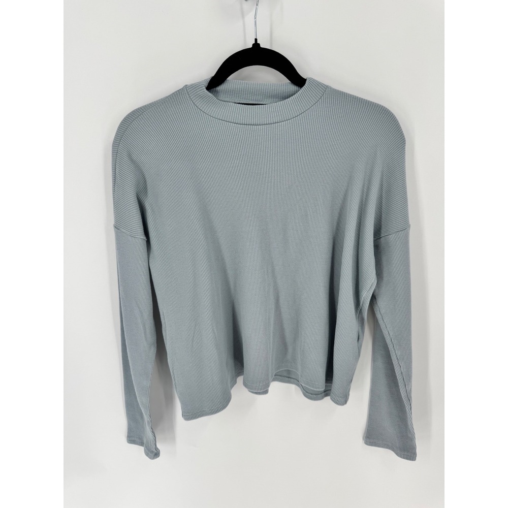 Eileen Fisher Waffle Knit Top Womens S/P Blue Tencel Organic Cotton Long Slv